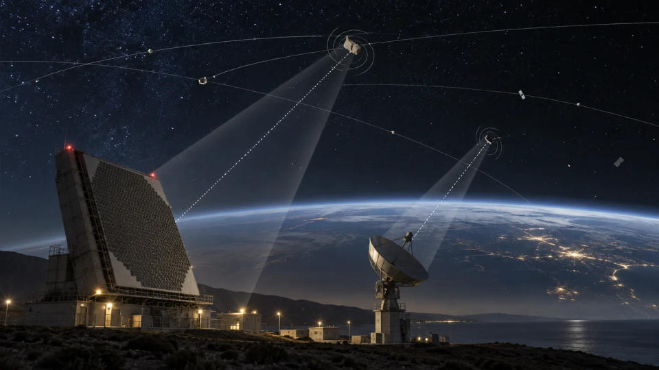 Ground-based radar and tracking dish monitoring pieces of space debris in low Earth orbit at night