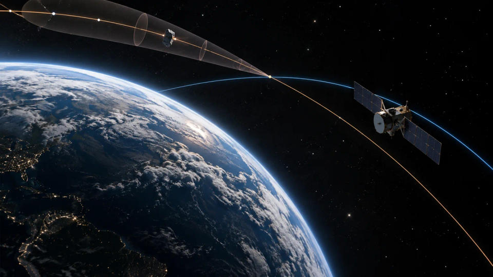 Satellite and debris fragment on crossing orbital paths with a widening uncertainty corridor above Earth