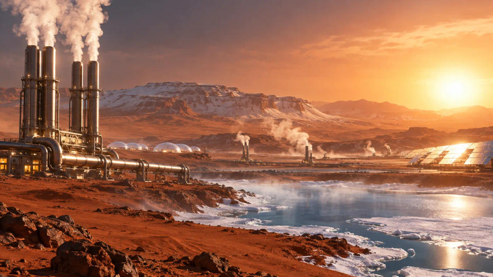 Conceptual Martian settlement using industrial heat systems and solar arrays beside partially melted ice