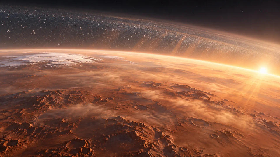High-altitude view of Mars with a bright sunrise filtering through a particle-rich engineered atmosphere