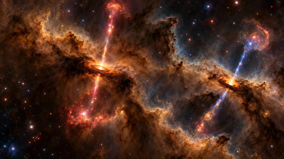 Illustration of two embedded protostars with dusty disks launching narrow bipolar jets into surrounding nebular gas.