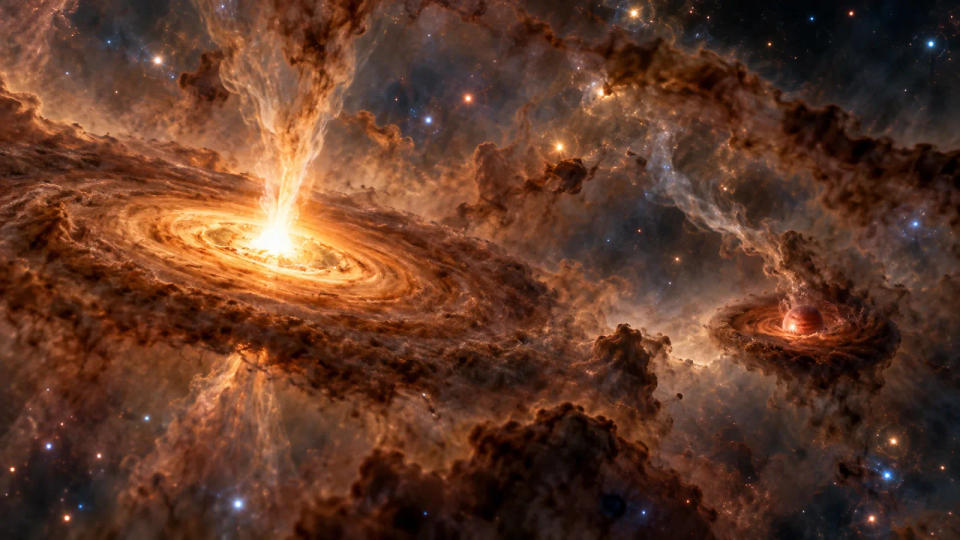 Illustration comparing a luminous young protostar and a dimmer brown dwarf, each surrounded by dusty material in a star-forming cloud.
