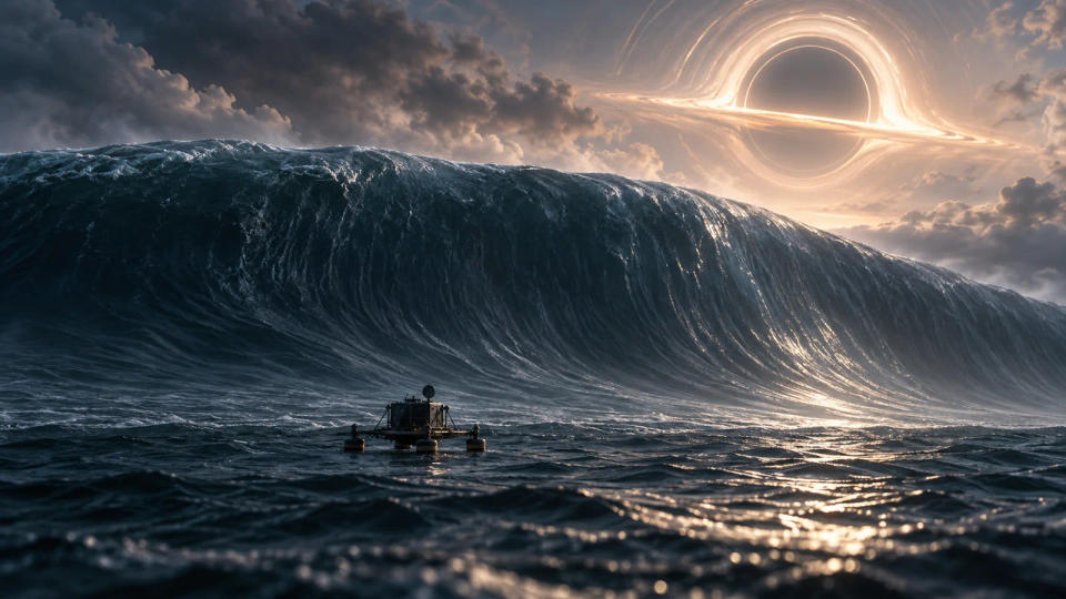 Small ocean probe beneath a towering water wave and a luminous black hole above Miller’s planet