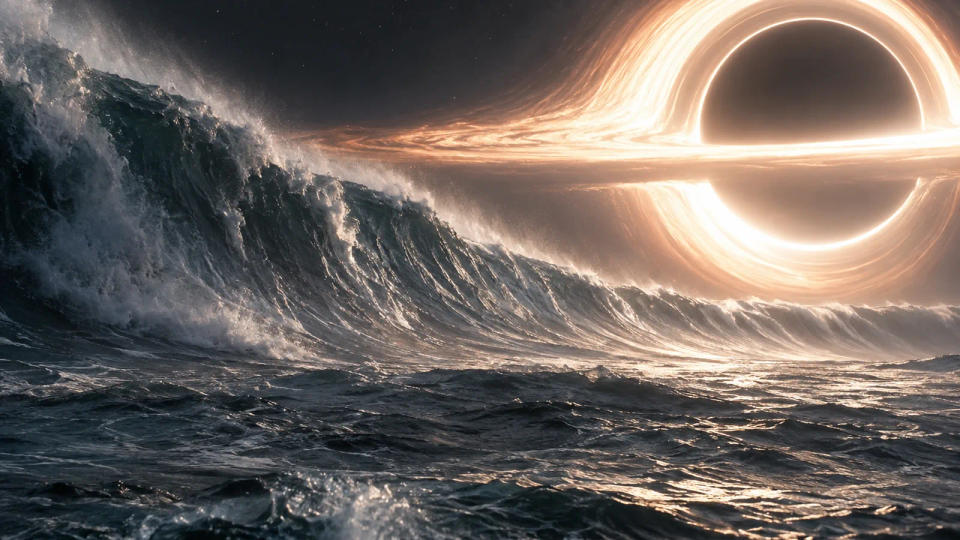 An immense rolling wall of alien ocean water seen from sea level with a bright gravitationally lensed black hole above it