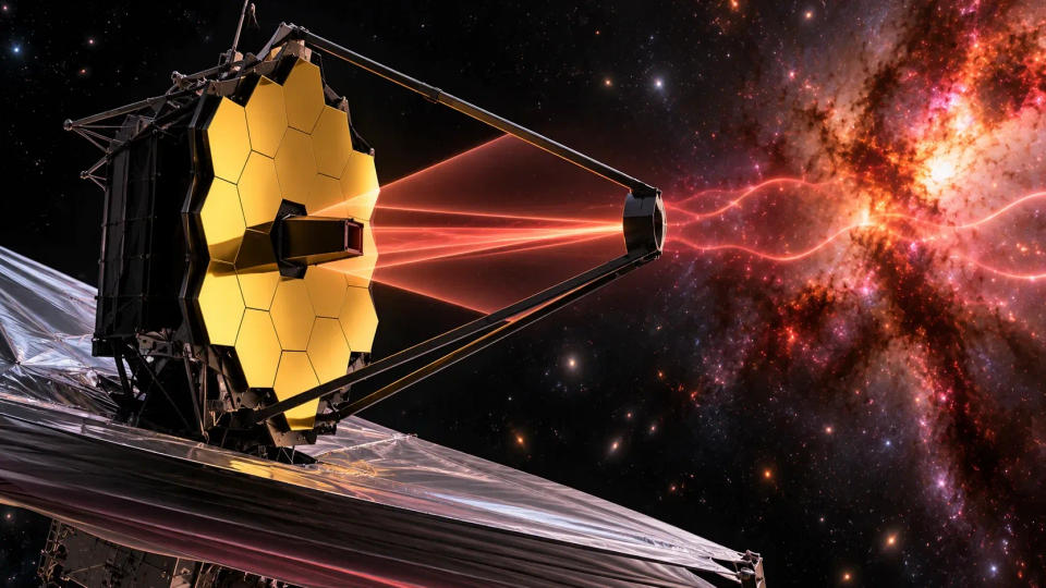 Infrared light reflecting from JWST's gold mirror toward its instruments.