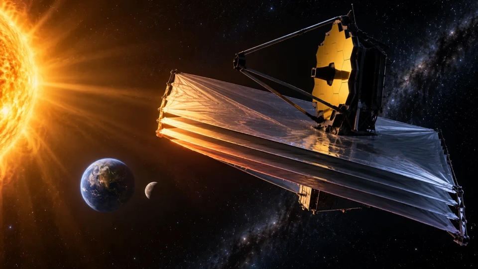 JWST sunshield blocking heat and light from the Sun, Earth, and Moon.