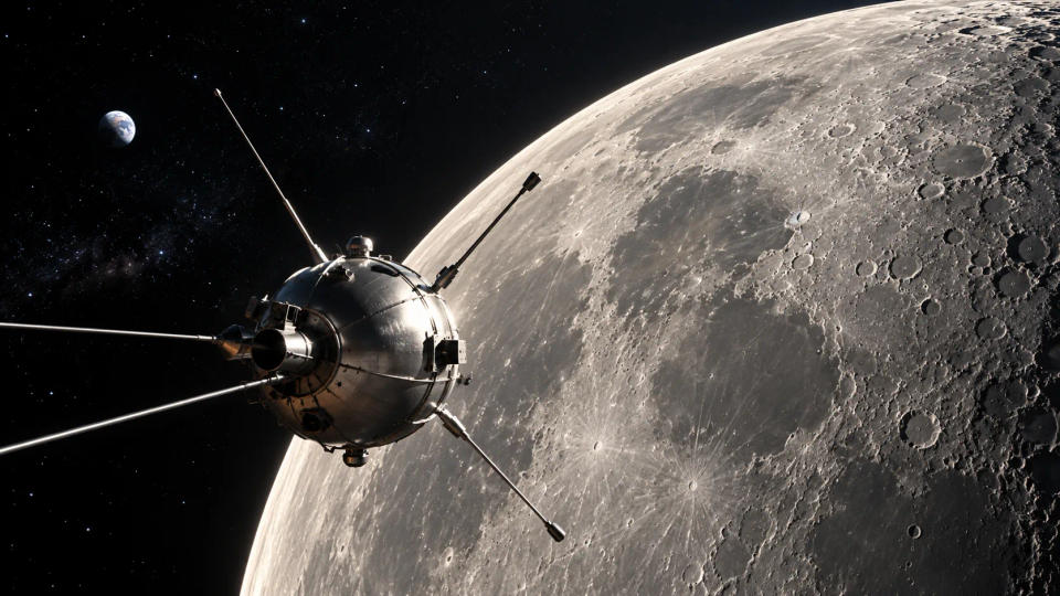 A realistic view of the Soviet Luna 2 probe racing toward the Moon, with Earth small in the distant background.