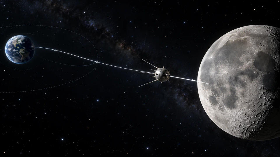 Scientific visualization of Luna 2 on a direct collision course from Earth to the Moon rather than entering lunar orbit.