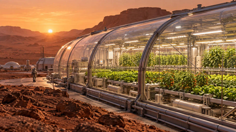 A pressurized Mars greenhouse glowing with crop lights on a red desert plain at sunrise