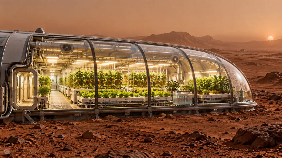 A cutaway view of a pressurized Mars greenhouse filled with hydroponic crops, irrigation lines, ducts, and grow lights