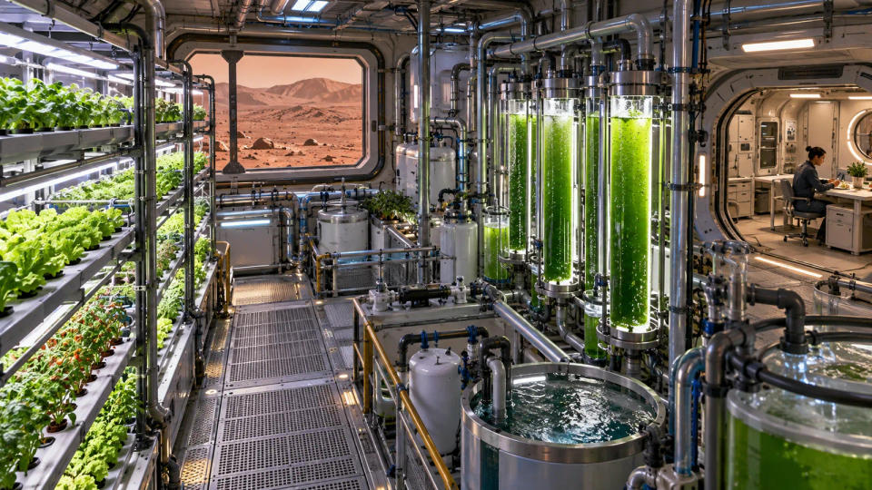A closed-loop Mars life-support room with crop racks, algae bioreactor columns, water tanks, pipes, and a view of the Martian surface
