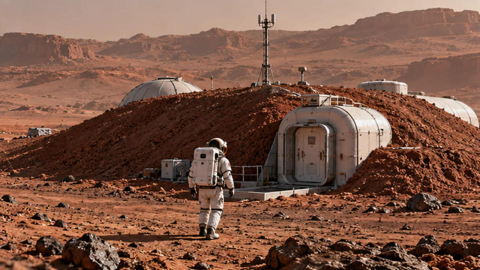Astronaut beside a partially buried Mars habitat protected by thick regolith under a dusty red sky