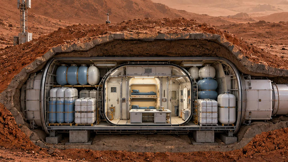Cutaway Mars habitat covered with regolith, with water tanks surrounding a compact inner storm shelter