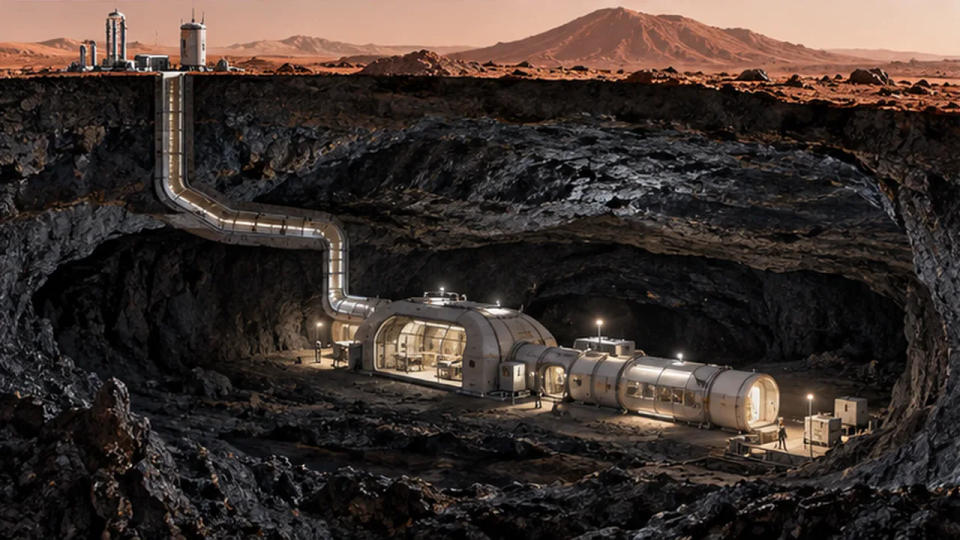 Cross-section of a Martian lava tube with a small pressurized habitat deep beneath a thick layer of volcanic rock
