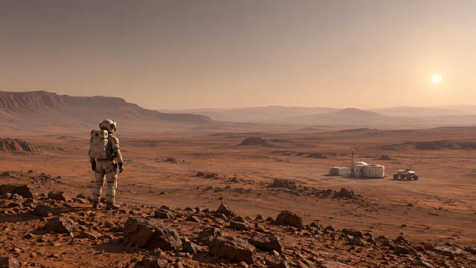 An astronaut in a pressure suit overlooking a Mars base on a vast rocky plain under a dusty sky.