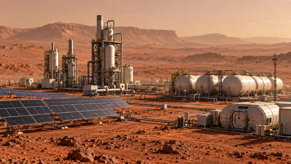 A conceptual Mars industrial complex with solar arrays, processing towers, pipelines, and large gas storage tanks.
