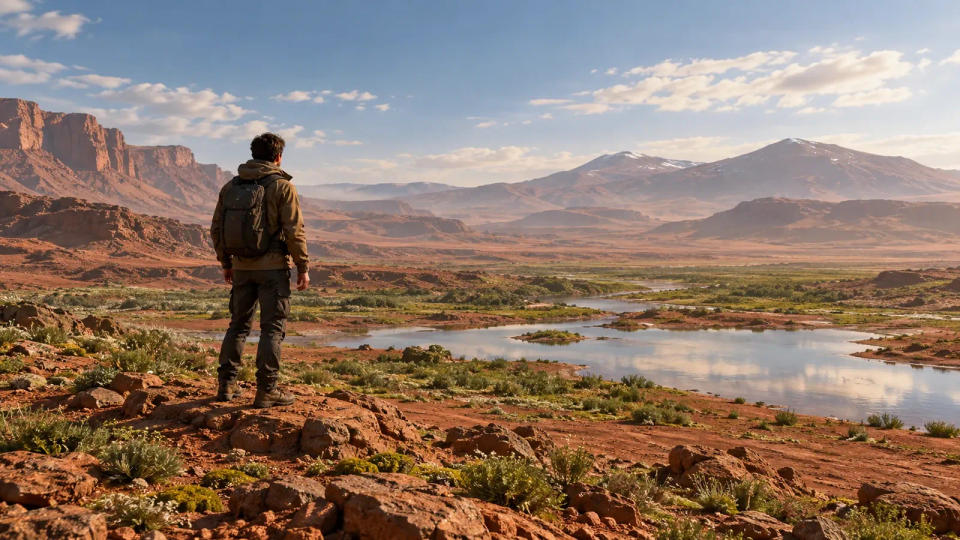 A conceptual terraformed Mars landscape with open water, greenery, and an unhelmeted explorer