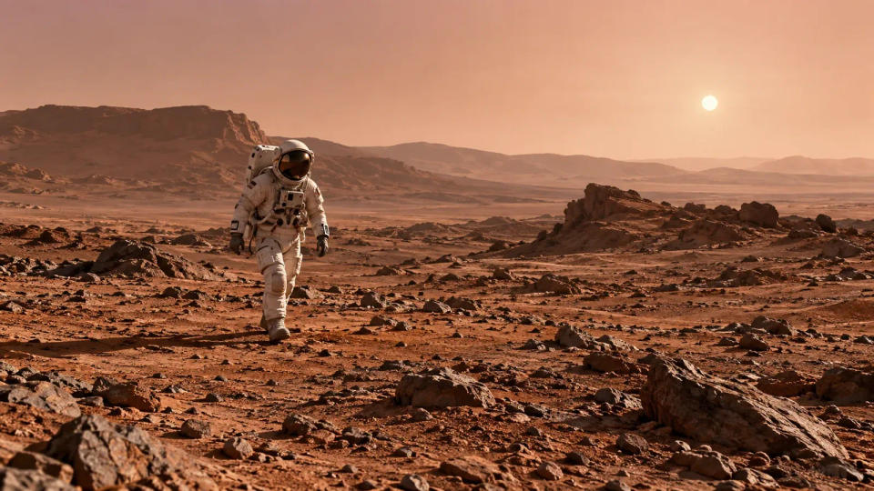 An astronaut in a pressurized spacesuit walking across the cold rocky surface of present-day Mars