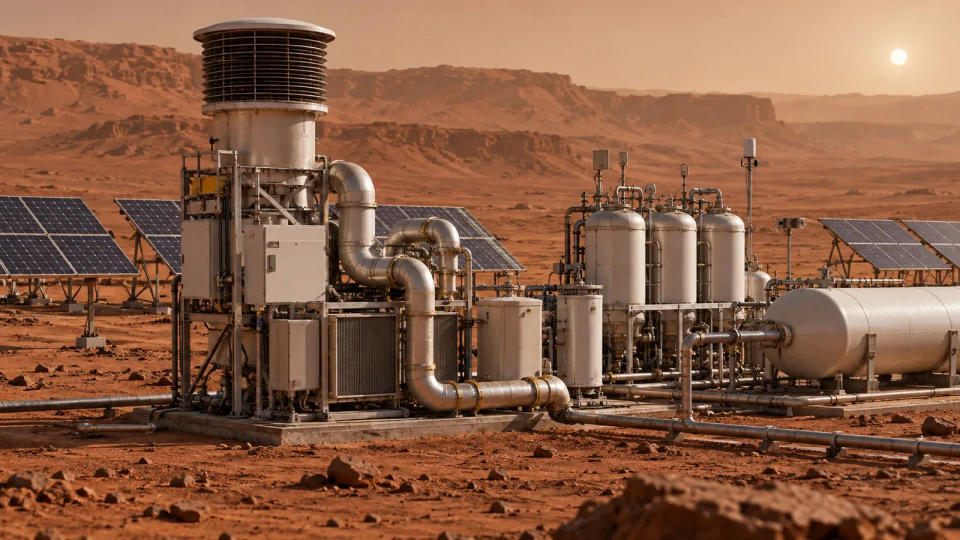 A solar-powered oxygen and atmospheric processing plant operating on the rocky surface of Mars