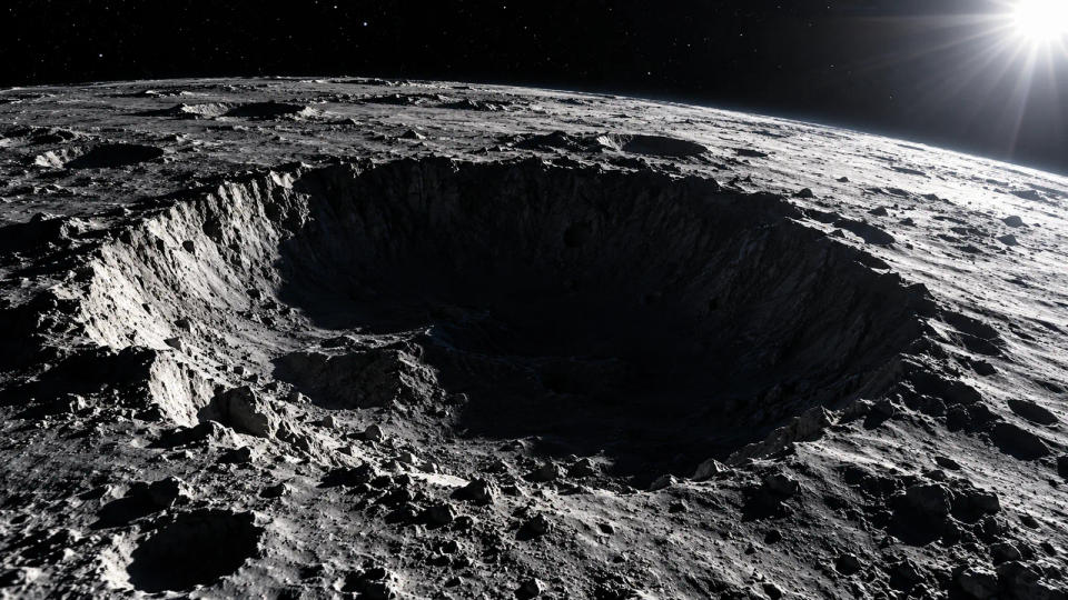Photorealistic reconstruction of a rugged lunar polar crater with a brightly lit rim and deeply shadowed floor