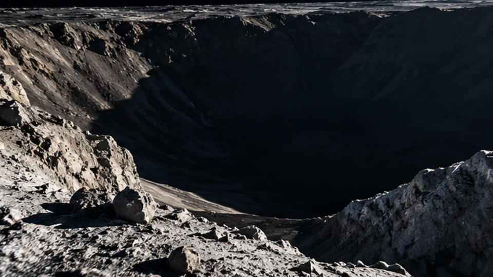 Photorealistic reconstruction comparing a brightly illuminated lunar polar crater rim with its persistently shadowed rocky interior