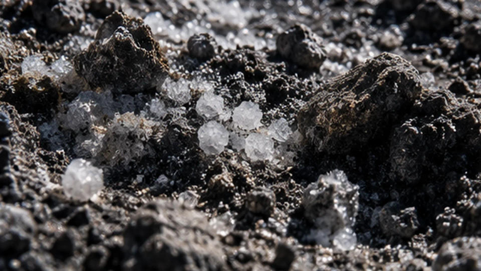 Photorealistic lunar science reconstruction showing granular gray regolith, rock fragments and small pale ice-like deposits in crater terrain