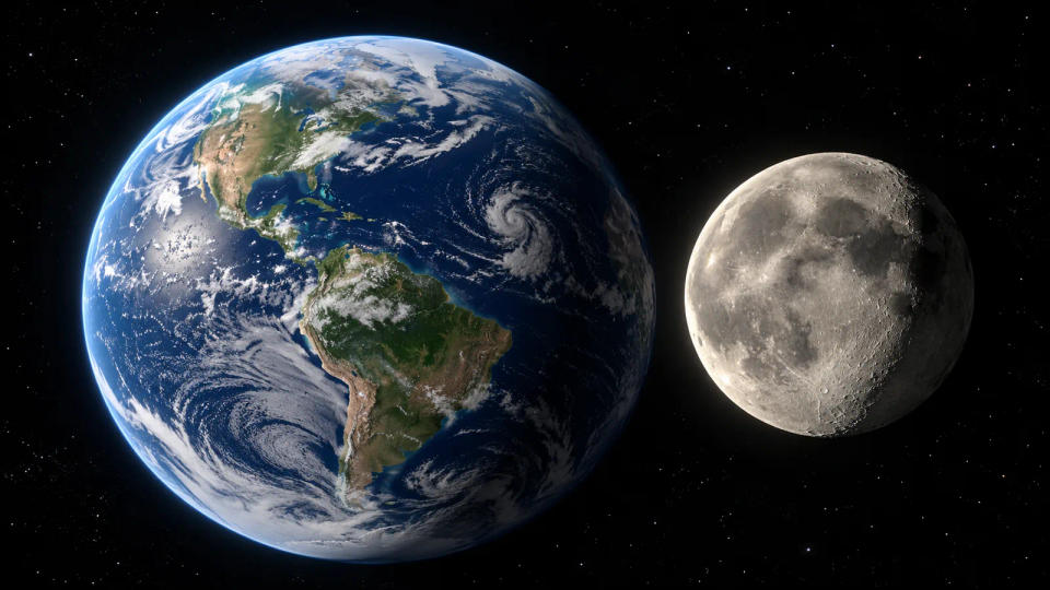 Earth and a much closer Moon appearing large together in space