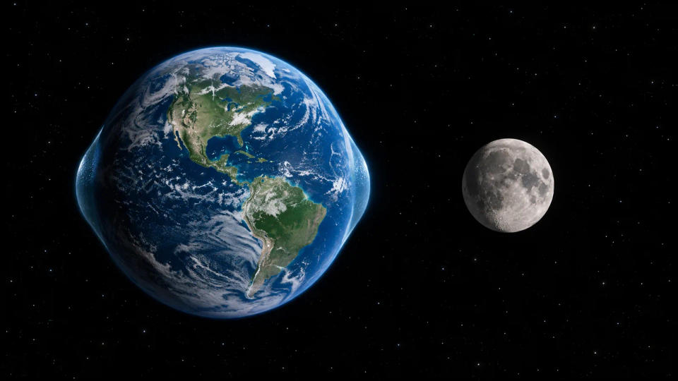 Earth shown with exaggerated tidal bulges aligned with a nearby Moon