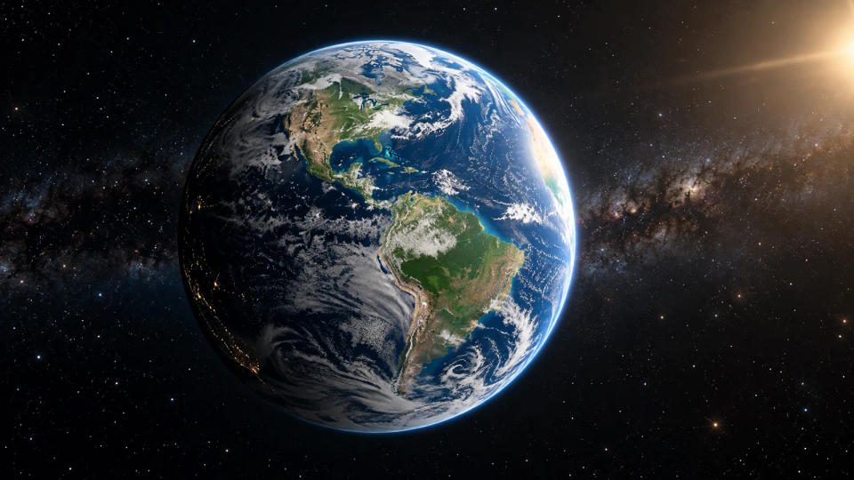 AI-generated conceptual view of Earth against a star-filled background with sunlight from the right