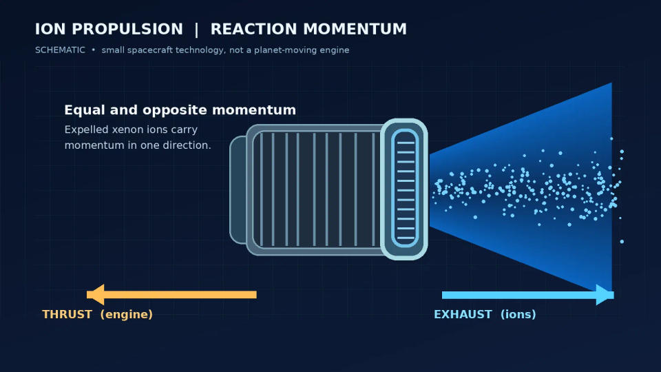 Schematic explaining ion exhaust streaming backward and the equal, opposite direction of thrust on an electric engine