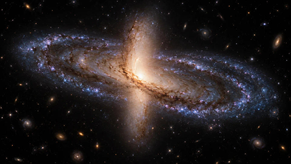 Scientifically inspired view of NGC 4698 with a tilted spiral disk and a central structure oriented nearly at right angles.