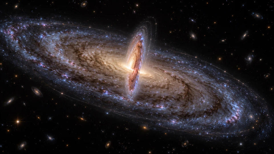 Conceptual visualization of a spiral galaxy whose compact nuclear disk rotates in a plane nearly perpendicular to the main galactic disk.