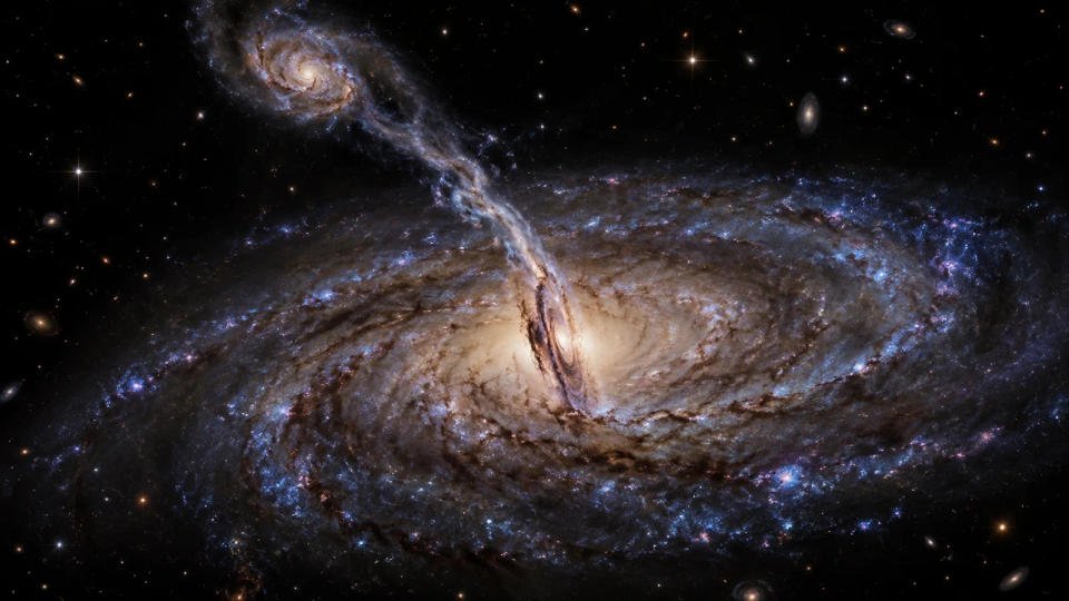Conceptual visualization of a small gas-rich galaxy feeding material into a larger spiral, illustrating one possible origin of NGC 4698’s tilted central disk.