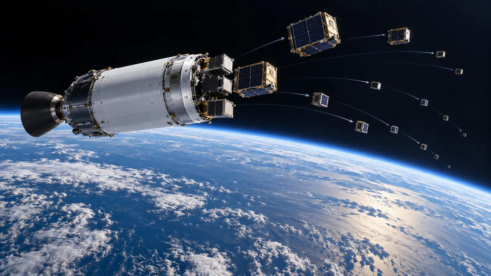 Nuri upper stage releasing multiple satellites above Earth into separated flight paths
