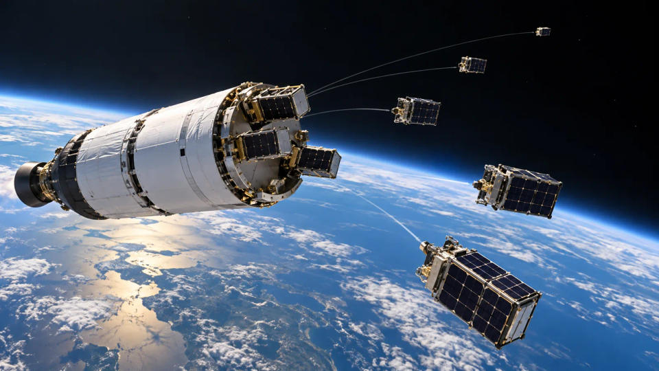 Five small satellites separating one after another from a rocket upper stage above Earth