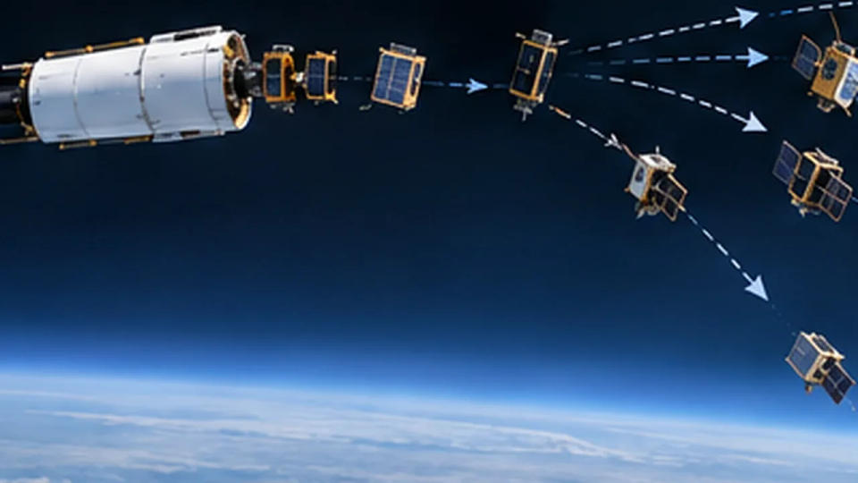 Satellites spreading along separate curved paths from a rocket upper stage above Earth