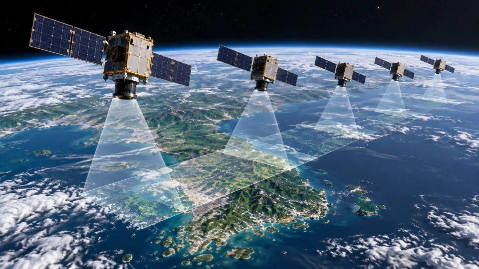 Five small Earth-observation satellites flying in formation above the Korean Peninsula and scanning different areas of the surface
