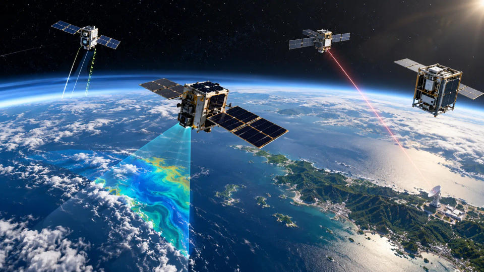 Several CubeSats above Earth carrying out different missions including ocean observation, atmospheric sensing, laser communication and technology experiments