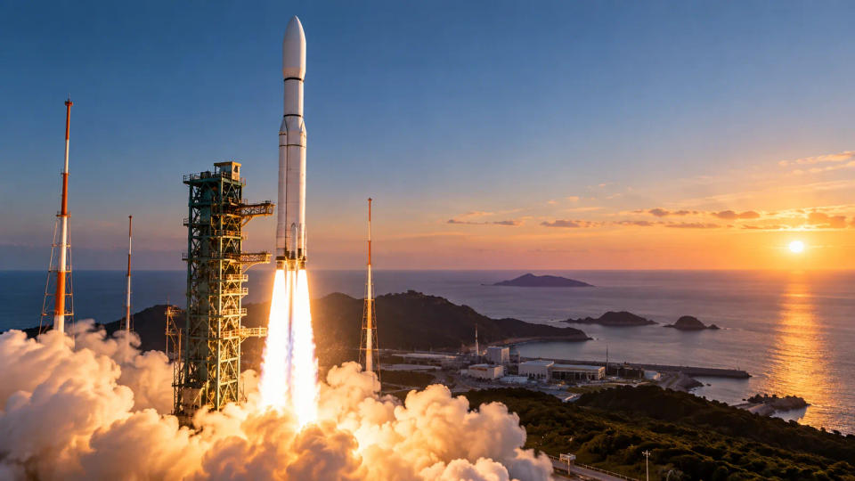 A white orbital rocket lifting off from a coastal launch pad at sunrise