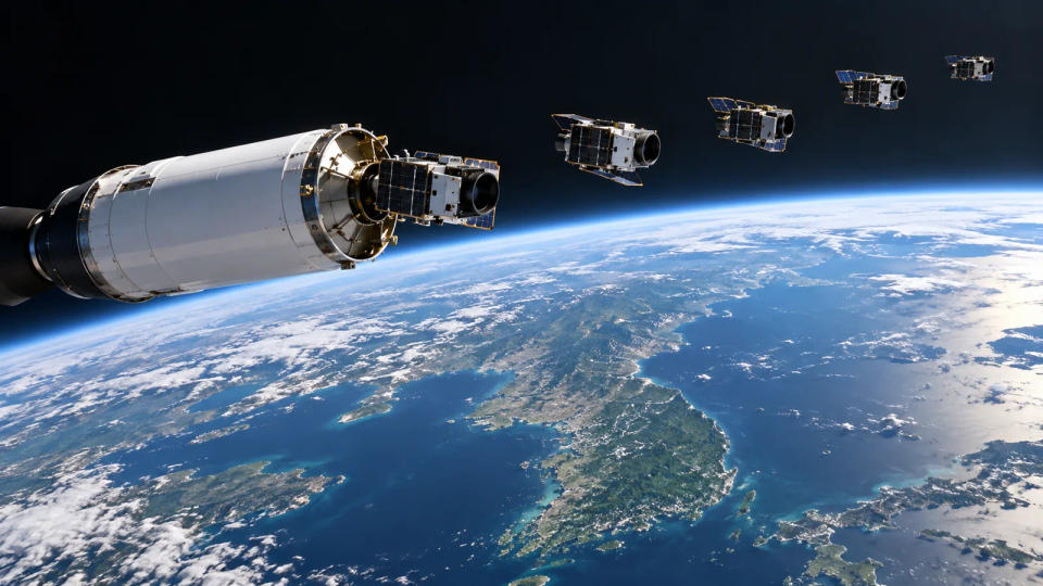 A rocket upper stage releasing five compact Earth-observation satellites above the Korean Peninsula