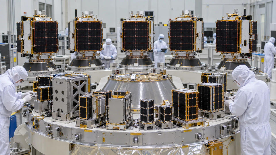 CubeSats and five larger spacecraft being integrated around a payload dispenser in a cleanroom