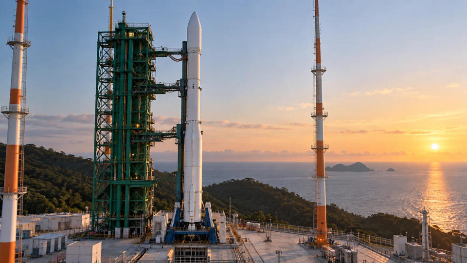 South Korean Nuri-class rocket standing on a coastal launch pad at sunrise
