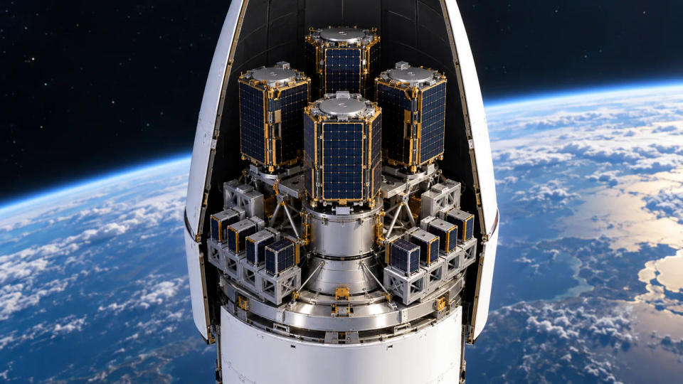 Scientific visualization of five larger microsatellites and multiple CubeSats arranged inside an opened rocket payload fairing above Earth
