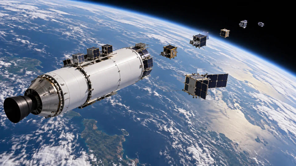 Rocket upper stage releasing several microsatellites and CubeSats one by one above the curved Earth