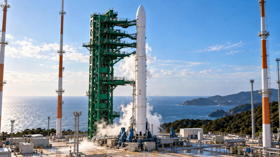 Nuri rocket standing on a coastal launch pad beside the sea before its fifth flight