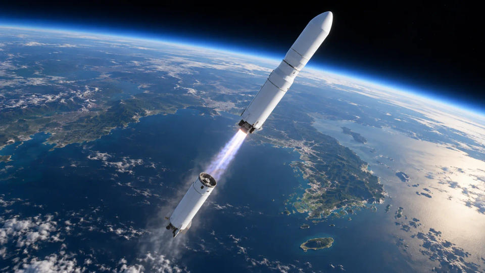 A Nuri-like rocket climbing above Earth after stage separation with the Korean Peninsula visible below