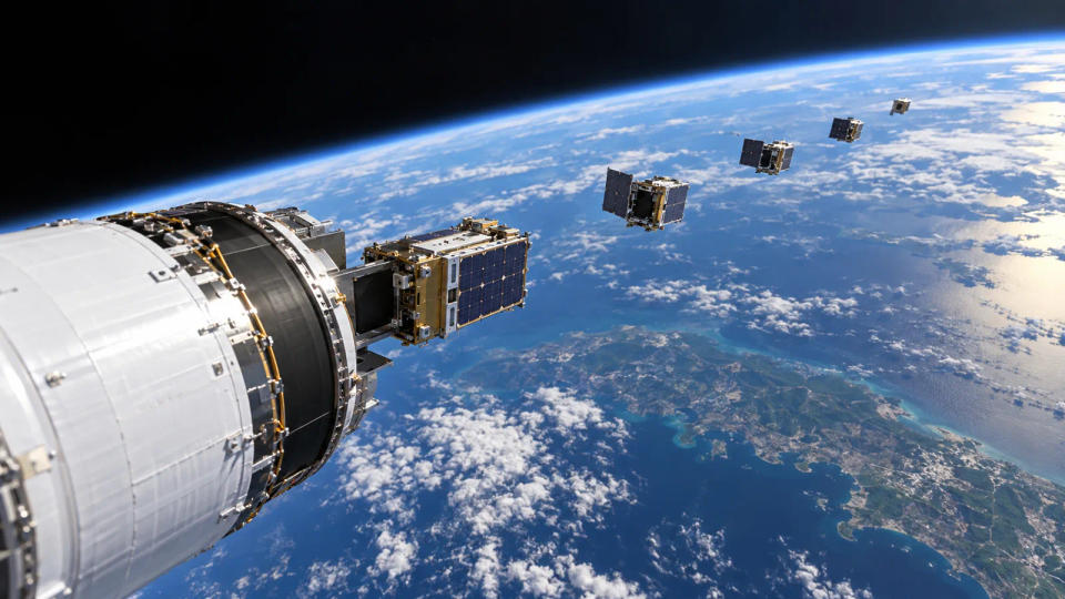 Multiple small satellites separating one after another from a rocket upper stage above Earth