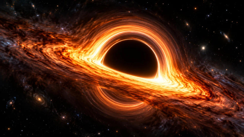 A black hole with a dark central silhouette surrounded by a bright, gravitationally lensed accretion disk.