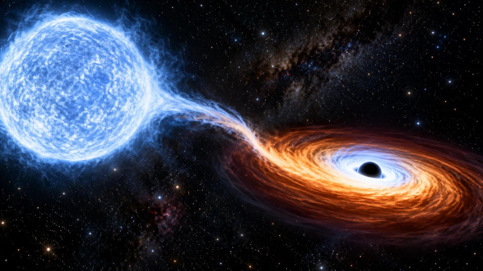 A bright companion star transfers gas into a glowing accretion disk around a stellar-mass black hole.