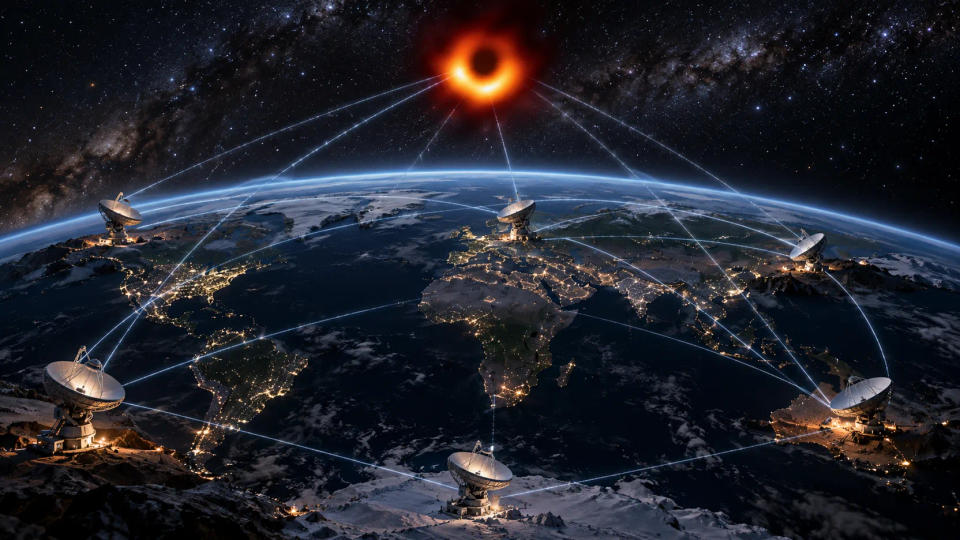 Radio telescopes across Earth combine their observations to resolve the ring-shaped shadow around a distant black hole.